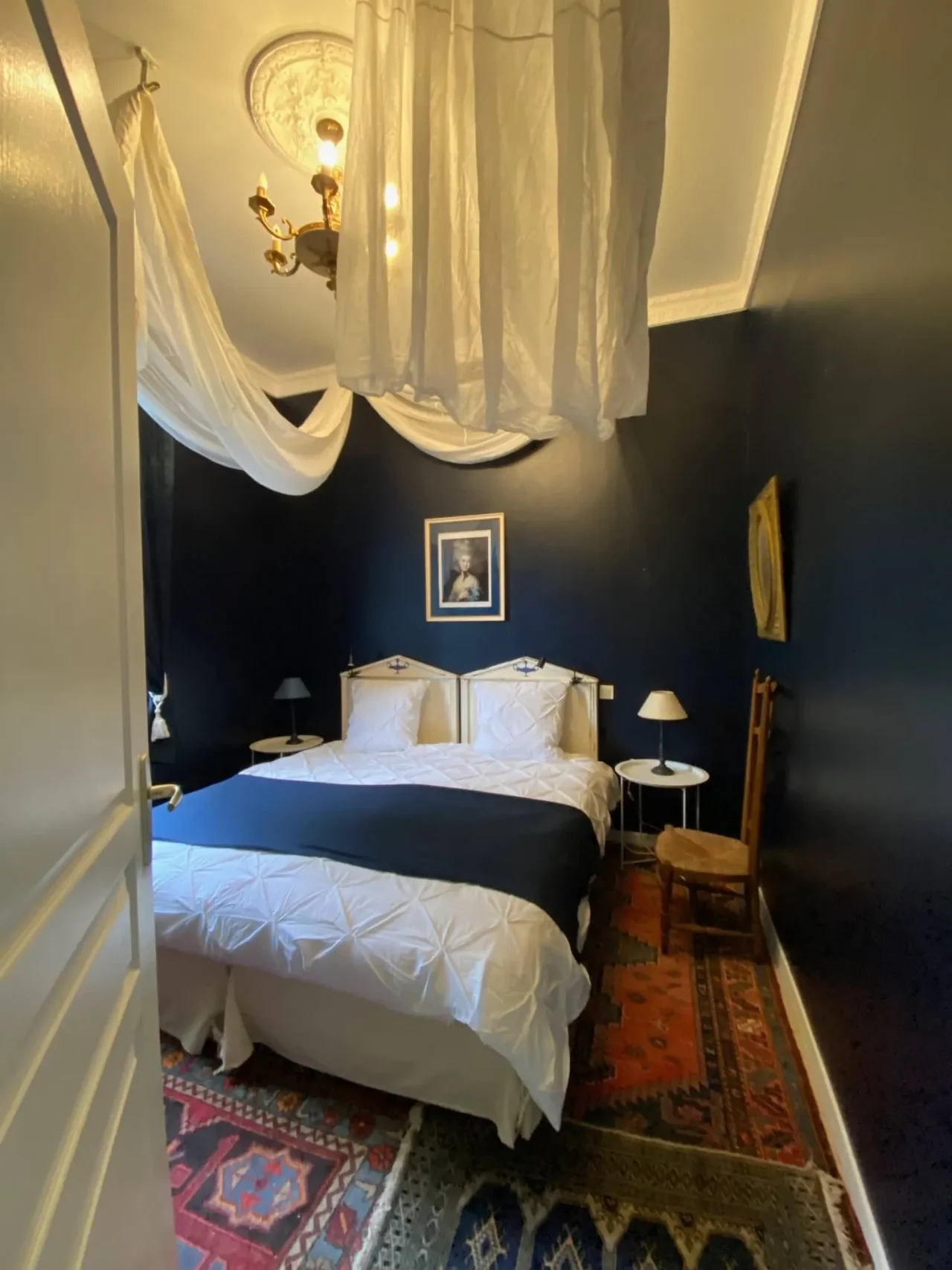 Chambre élégante aux murs bleu nuit et baldaquin